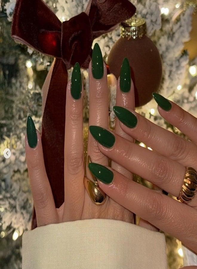 XCREANDO 48Pcs Dark Green Press on Nails Almond Fake Nails Glue on Nails Medium Length Almond Shaped Press ons, Medium Stiletto False Nail for Women, Thick Acrylic Gel Nail - Image 2
